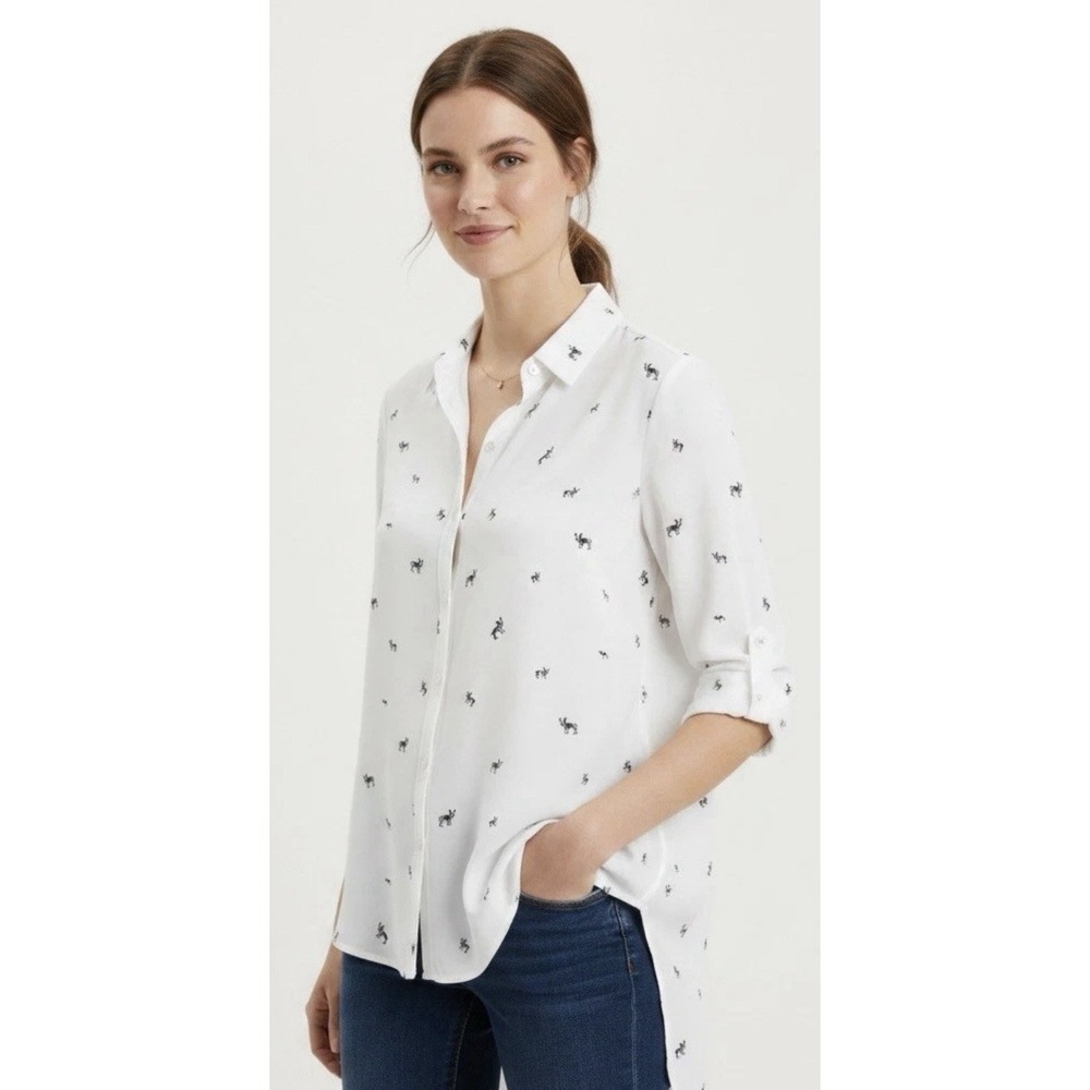 Jane and Delancey French Bulldog Print Button Down‎ Shirt White Rayon Womens M